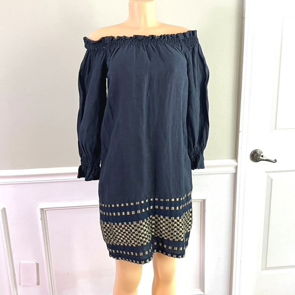 Haris Cotton Mini Dress‎ Womens XS Linen Off Shoulder Blue Made in Greece